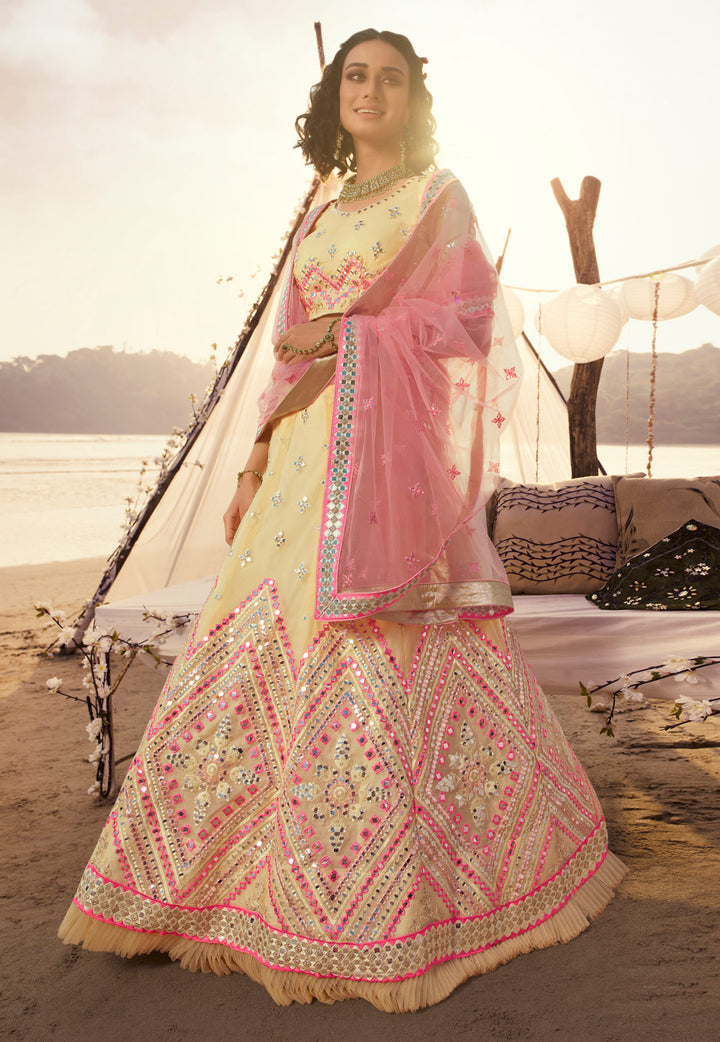 Yellow & Pink Embroidered Mirror Work Lehenga Choli | Semi-Stitched with Dupatta