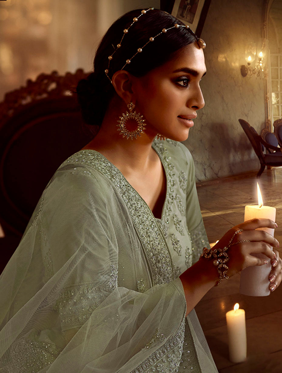 Pista Green Soft Net Lehenga with Dori and Zarkan Work | Elegant Wear