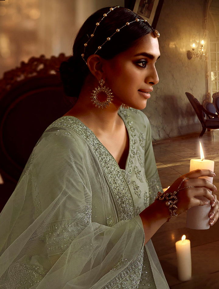 Pista Green Soft Net Lehenga with Dori and Zarkan Work | Elegant Wear
