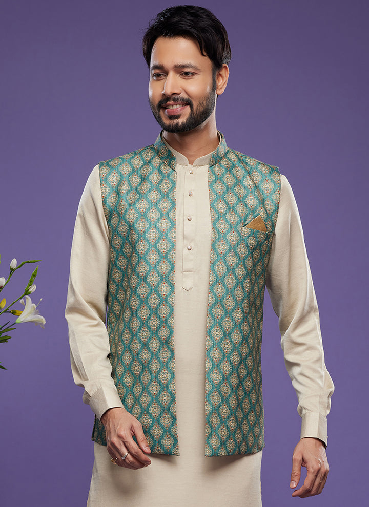 Luxurious art banarasi silk Premium Kurta Pajama with Koti | for wedding Wear