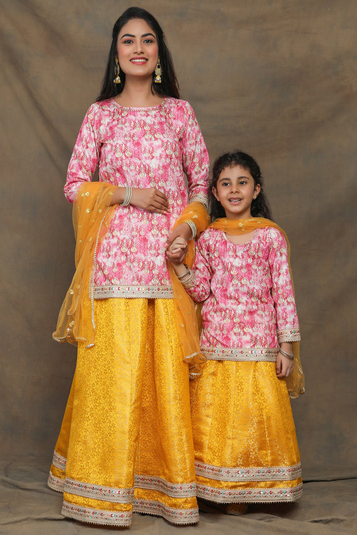 Sunny Yellow and Fuchsia floral Brocade Mother and Daughter Twin Set