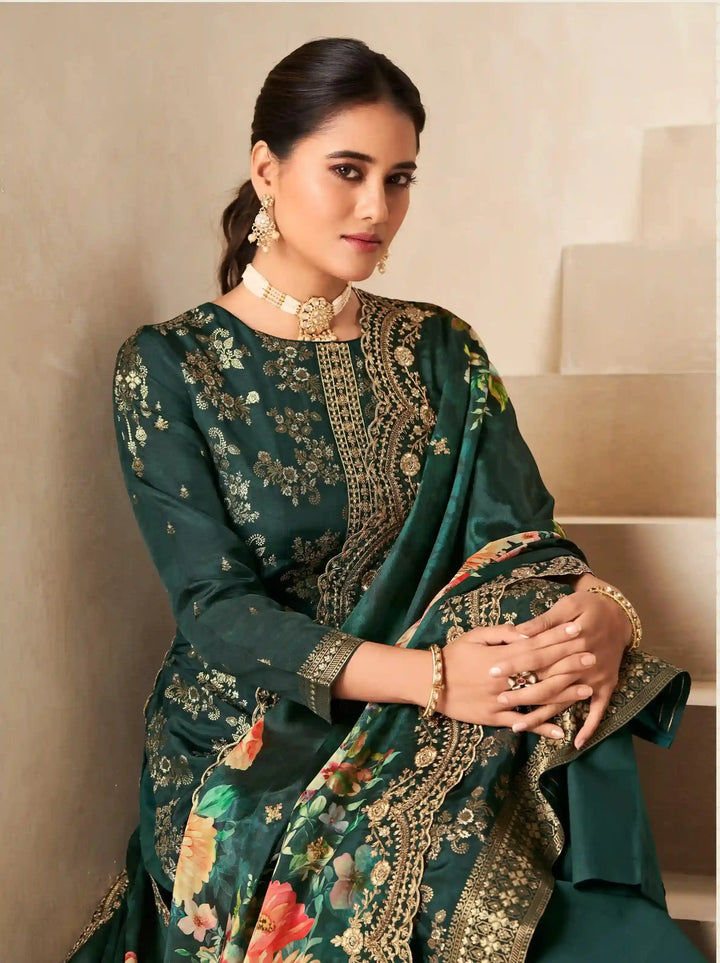 Stylish Viscose Dola Silk Suit with Jacquard Embroidery & Chinon Dupatta