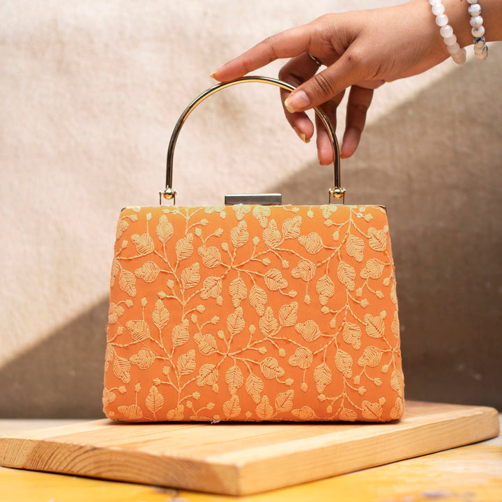 Orange Chikankari Embroidery Clutch Bag | Unique Handcrafted Design