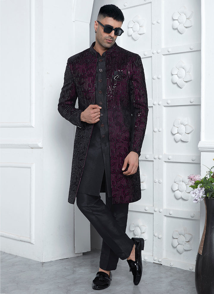 Wine Art Silk Sherwani | Perfect Wedding & Festive Wear for Men