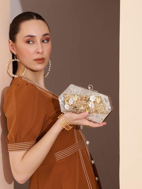 Fatima Silver Brass Clutch | Embellished Vintage Charm Evening Bag