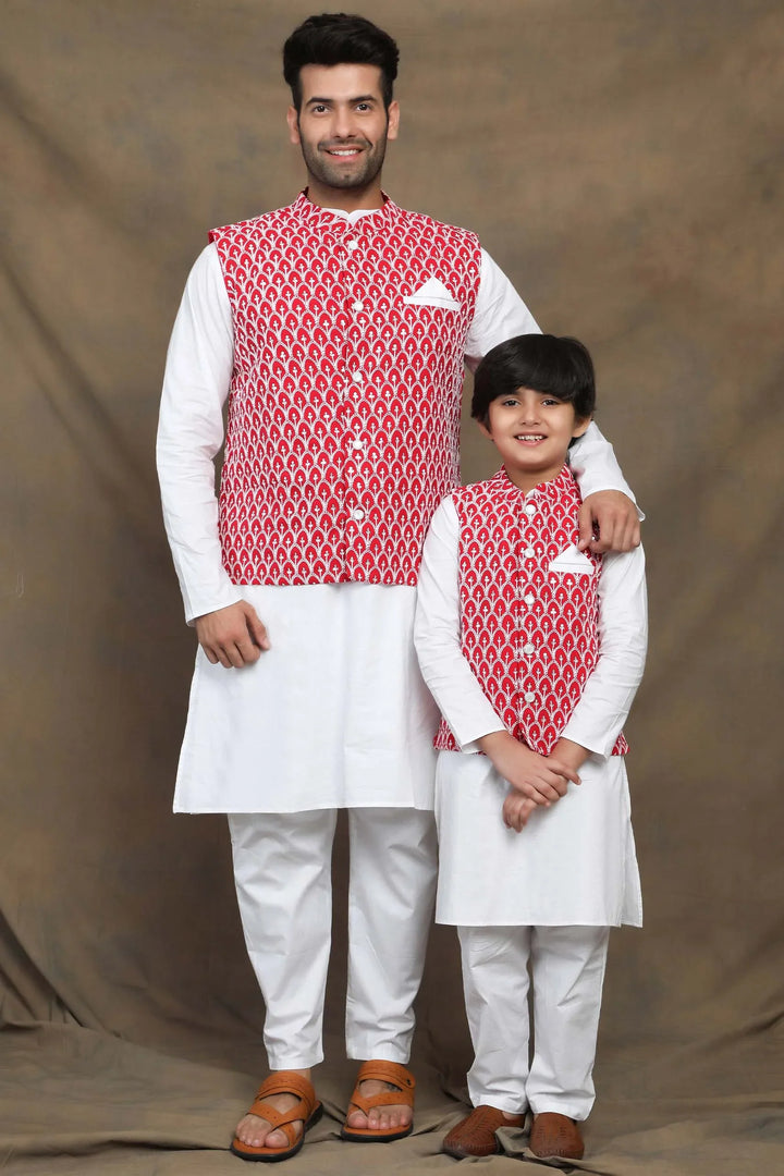 Embroidered Father and Son Matching Outfit in Fuchsia and White threadwork
