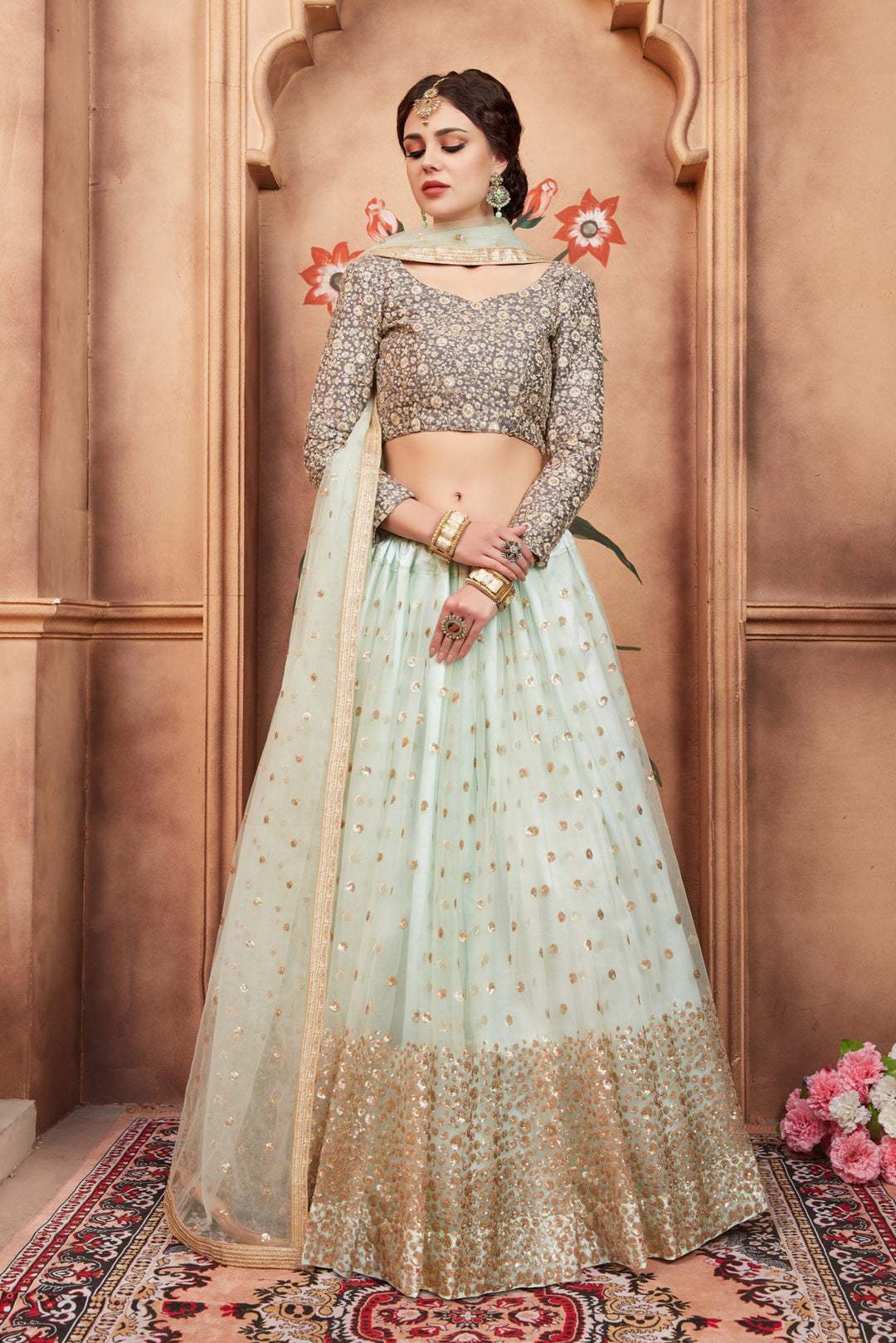 Sky Blue Indian Lehenga Choli | Wedding & Party Wear with Sequins