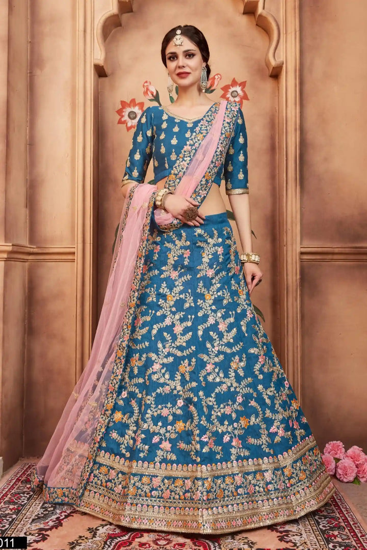 Blue Lehenga Choli Set | Embroidered Art Silk & Soft Net Dupatta