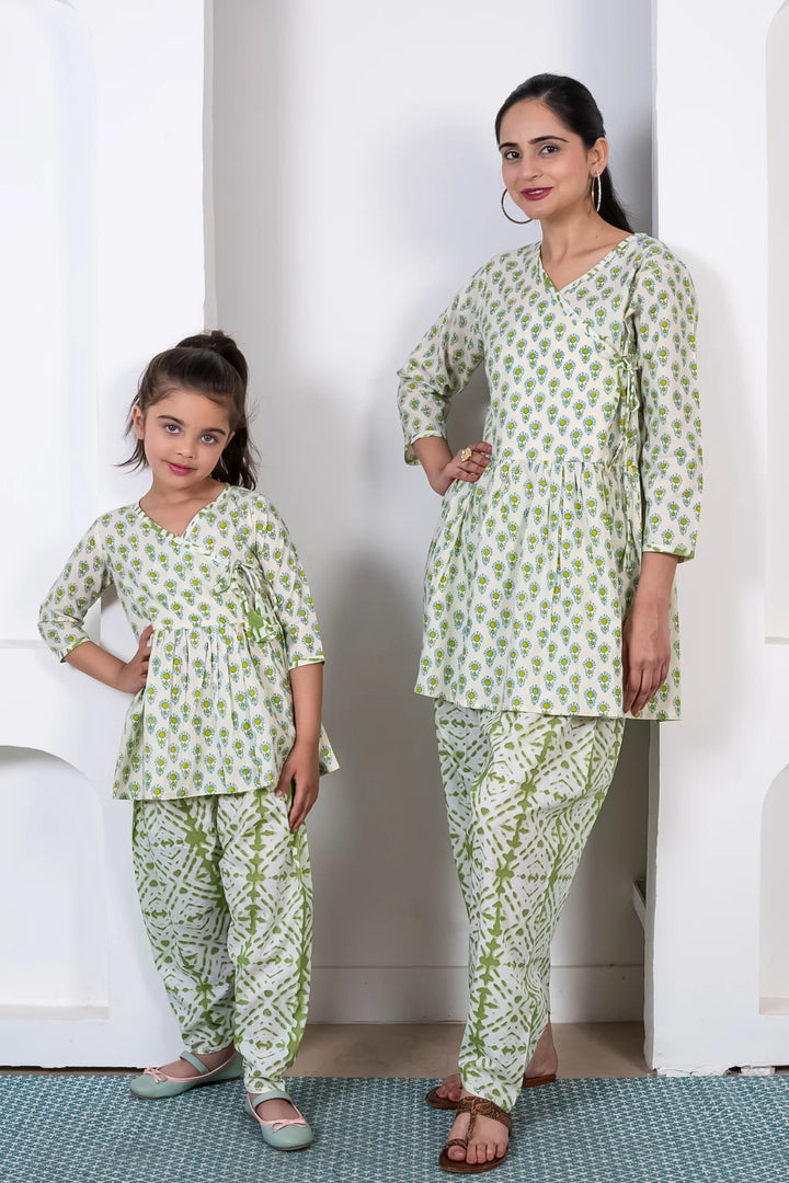 Mom and Daughter Matching Outfits: Green Cotton Peplum Style Top with Pants - Holiday Twin Set