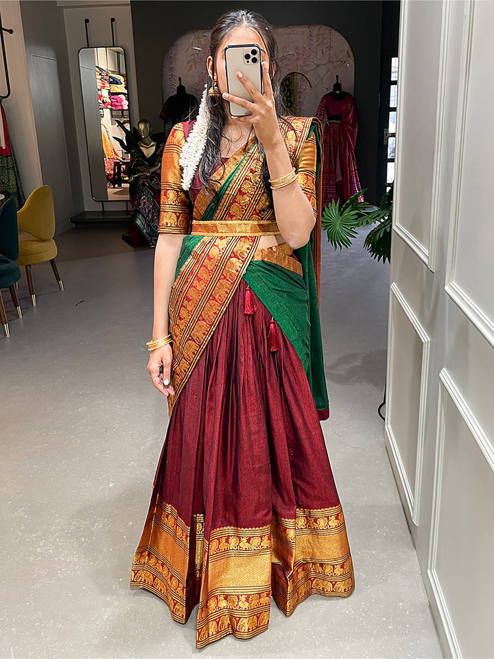 Beautiful Maroon Zari Cotton | Half Saree Lehenga With Belt Signature Design
