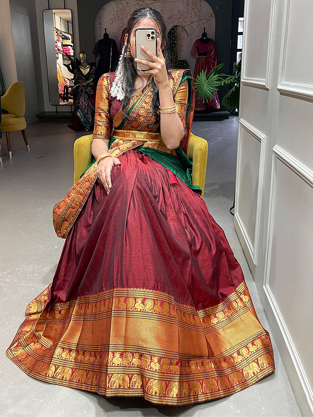 Beautiful Maroon Zari Cotton | Half Saree Lehenga With Belt Signature Design