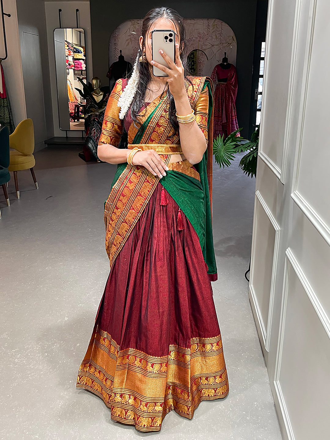 Beautiful Maroon Zari Cotton | Half Saree Lehenga With Belt Signature Design