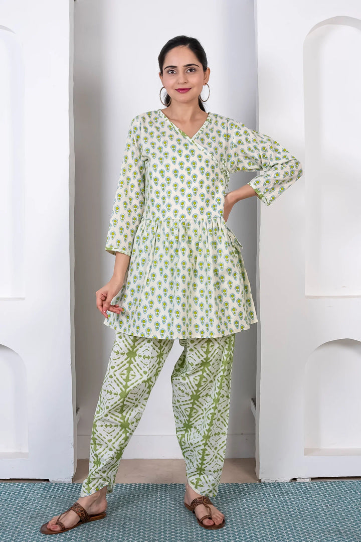 Mom and Daughter Matching Outfits: Green Cotton Peplum Style Top with Pants - Holiday Twin Set