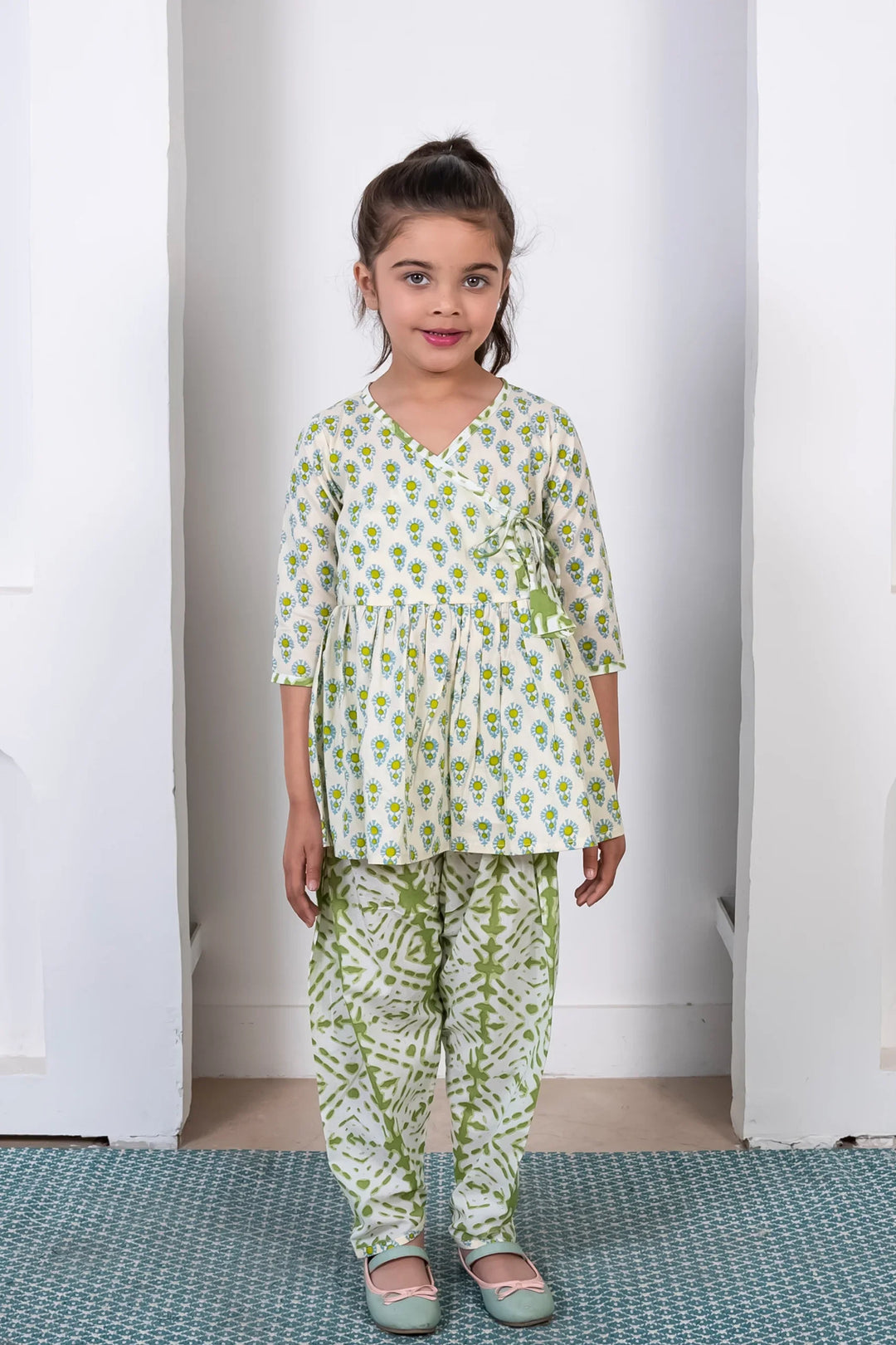 Mom and Daughter Matching Outfits: Green Cotton Peplum Style Top with Pants - Holiday Twin Set