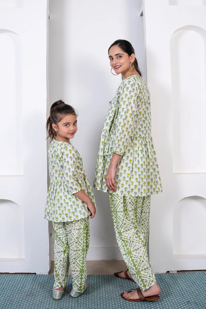 Mom and Daughter Matching Outfits: Green Cotton Peplum Style Top with Pants - Holiday Twin Set