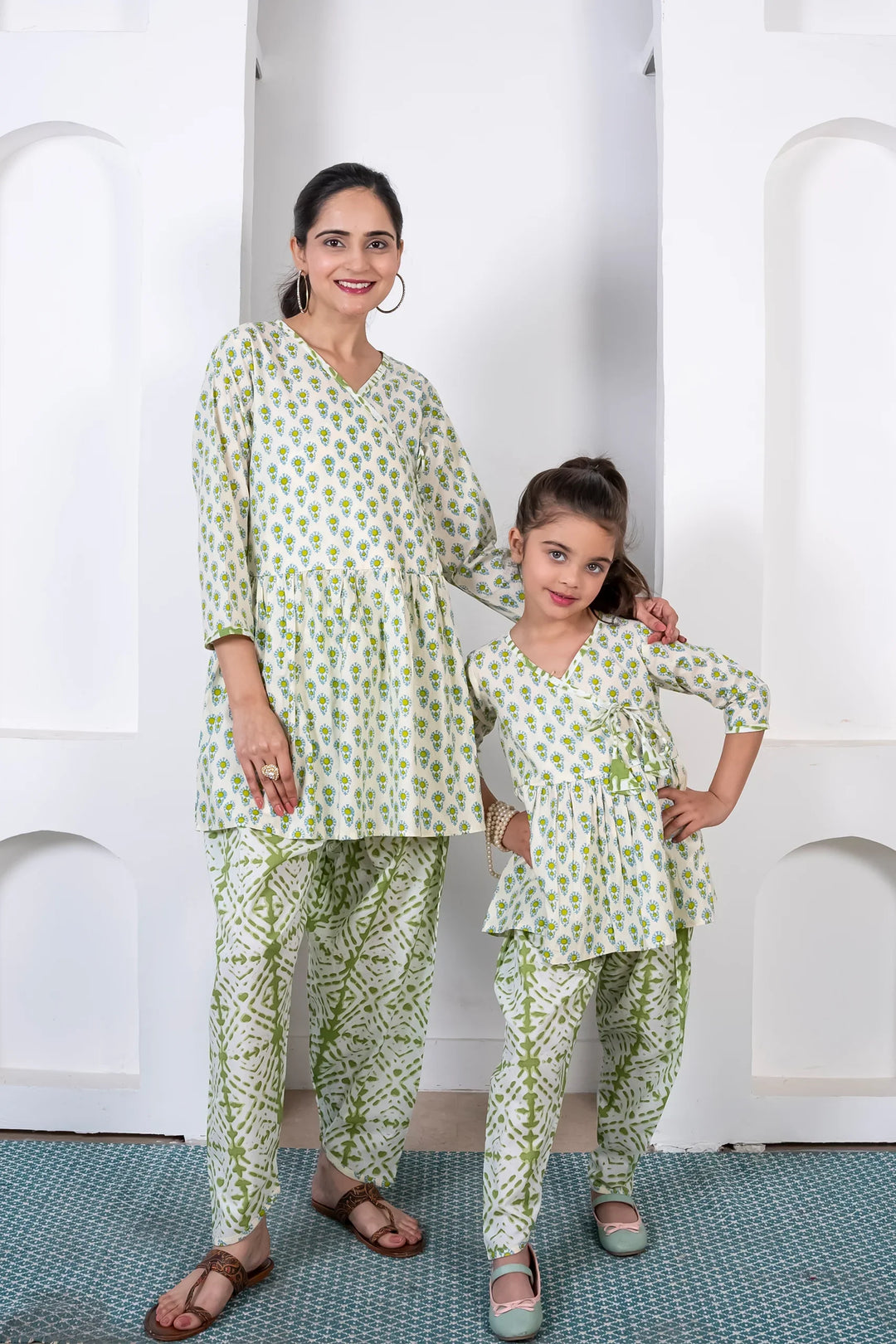 Mom and Daughter Matching Outfits: Green Cotton Peplum Style Top with Pants - Holiday Twin Set