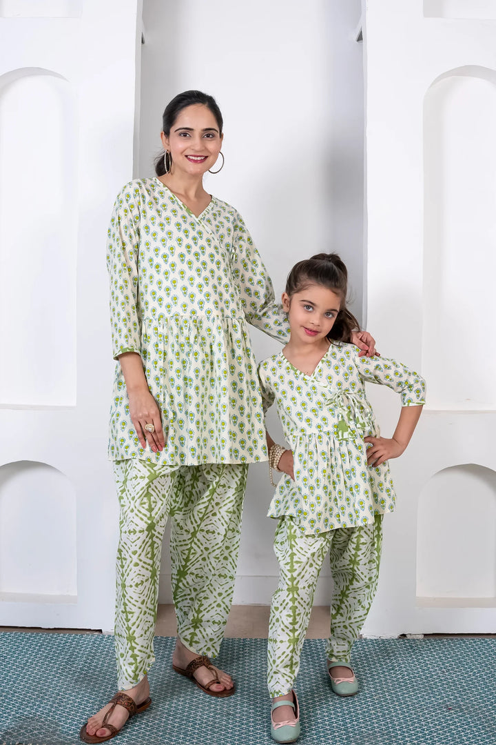 Mom and Daughter Matching Outfits: Green Cotton Peplum Style Top with Pants - Holiday Twin Set