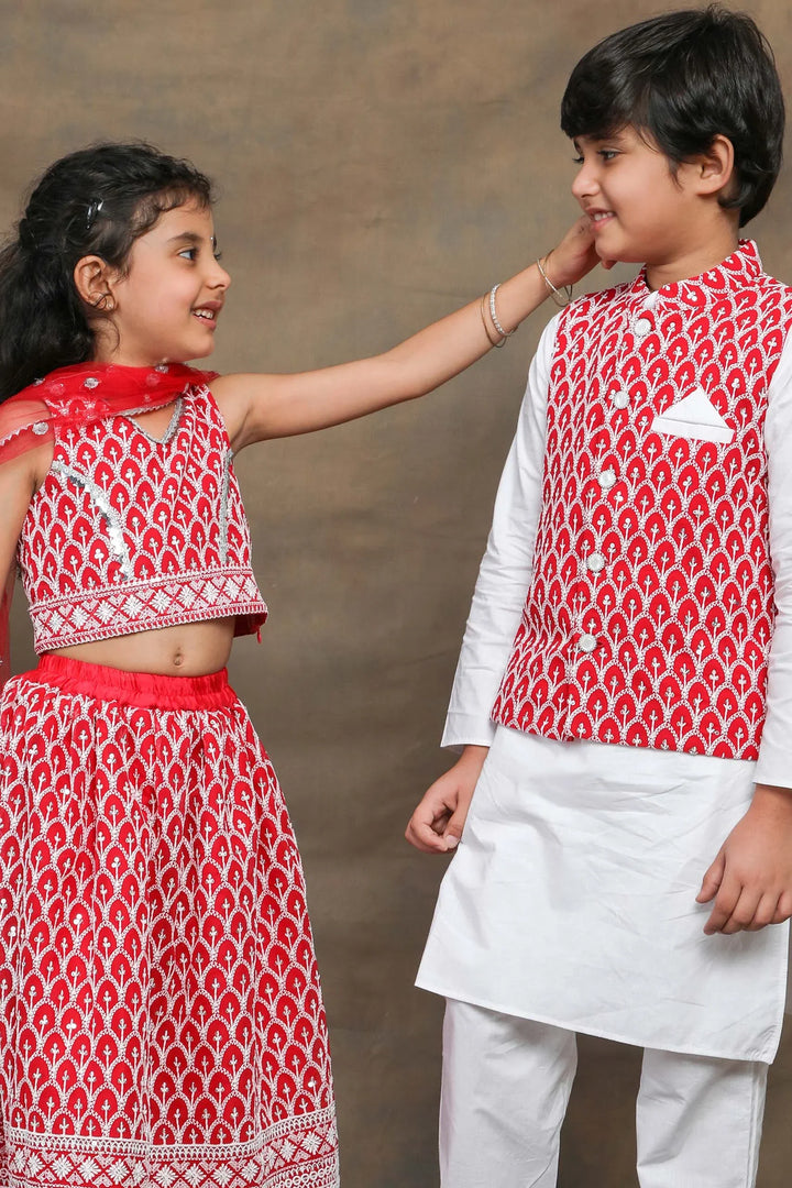Ethnic Embroidered Twin Set for Brothers and Sisters in Fuchsia and White
