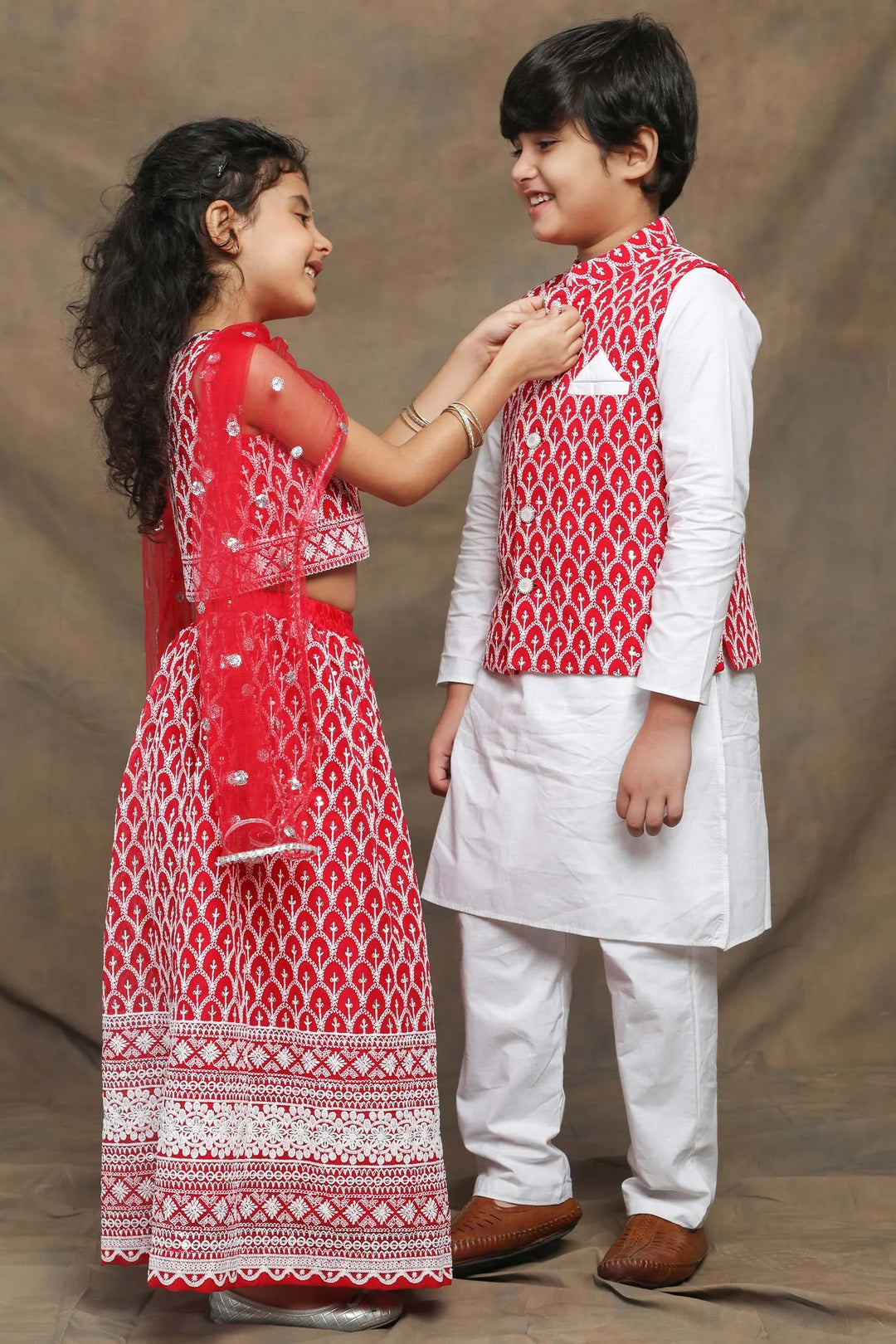 Ethnic Embroidered Twin Set for Brothers and Sisters in Fuchsia and White