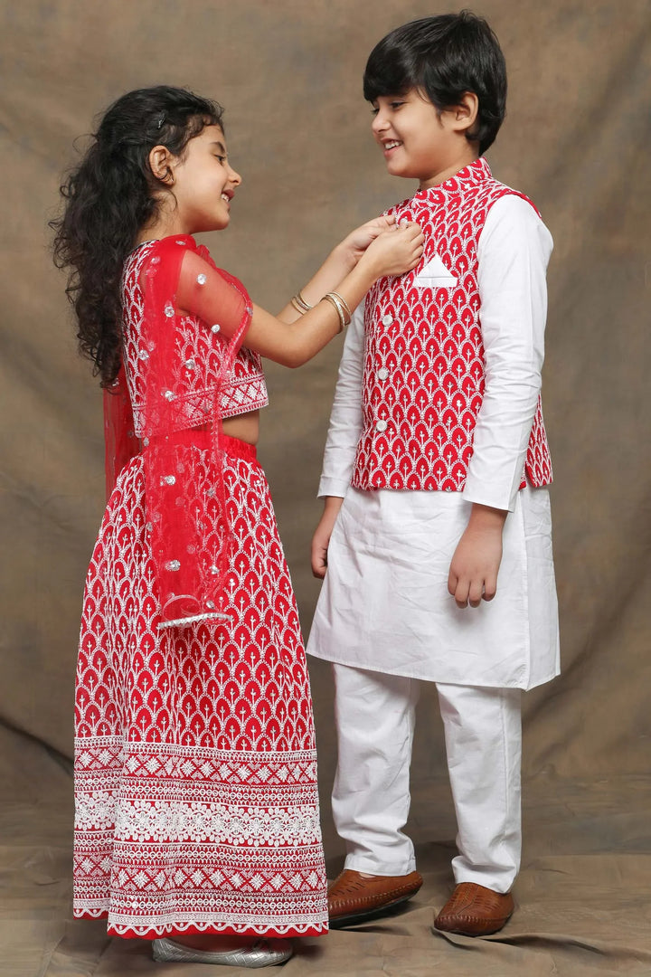 Ethnic Embroidered Twin Set for Brothers and Sisters in Fuchsia and White