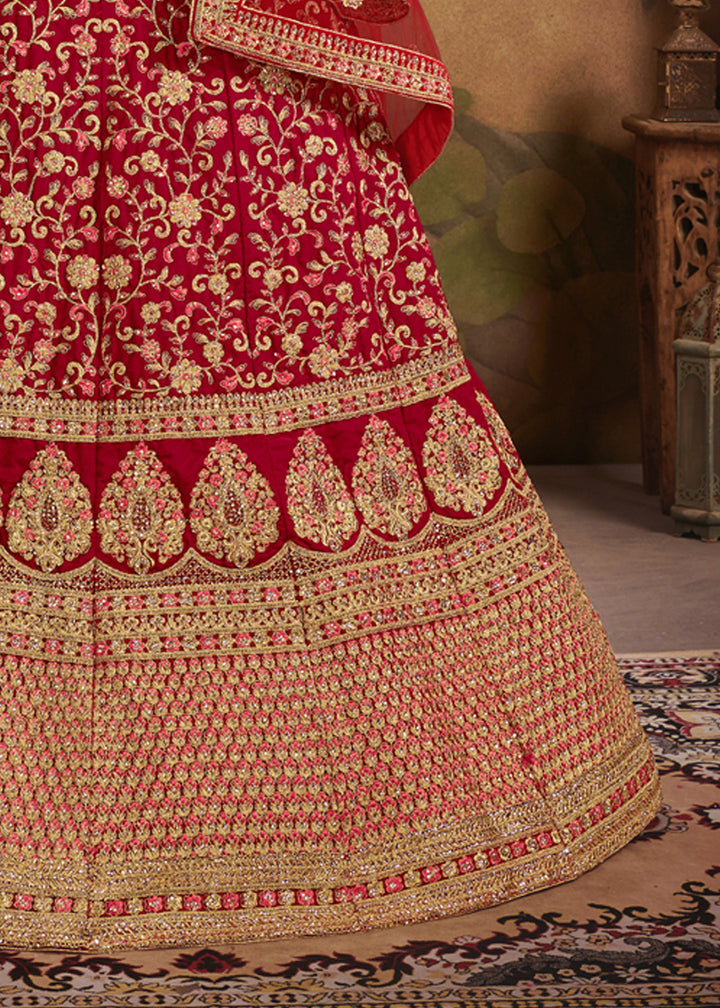 Red Velvet Bridal Lehenga Choli | Wedding Embroidered Lehenga for Women