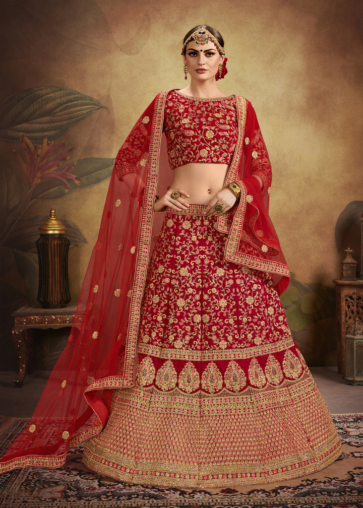 Red Velvet Bridal Lehenga Choli | Wedding Embroidered Lehenga for Women