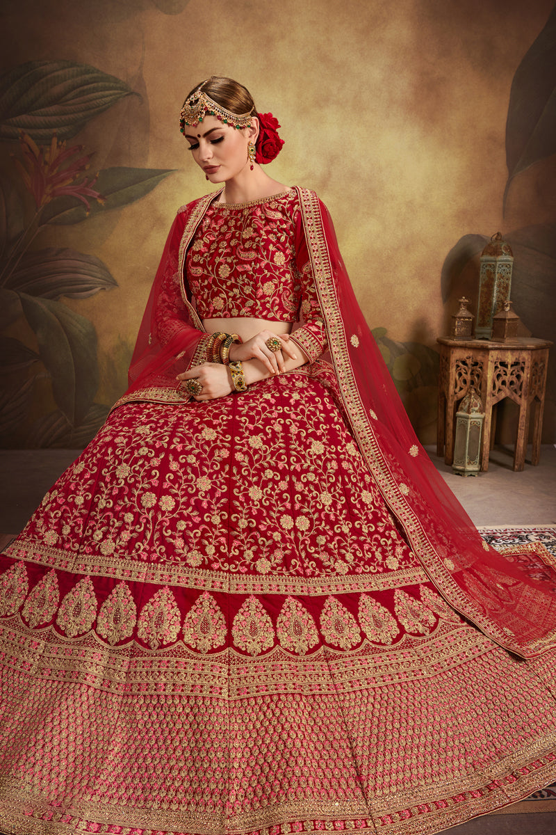 Red Velvet Bridal Lehenga Choli | Wedding Embroidered Lehenga for Women
