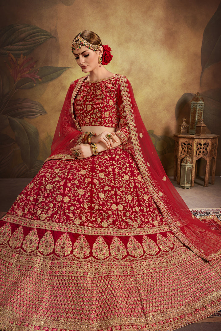 Red Velvet Bridal Lehenga Choli | Wedding Embroidered Lehenga for Women