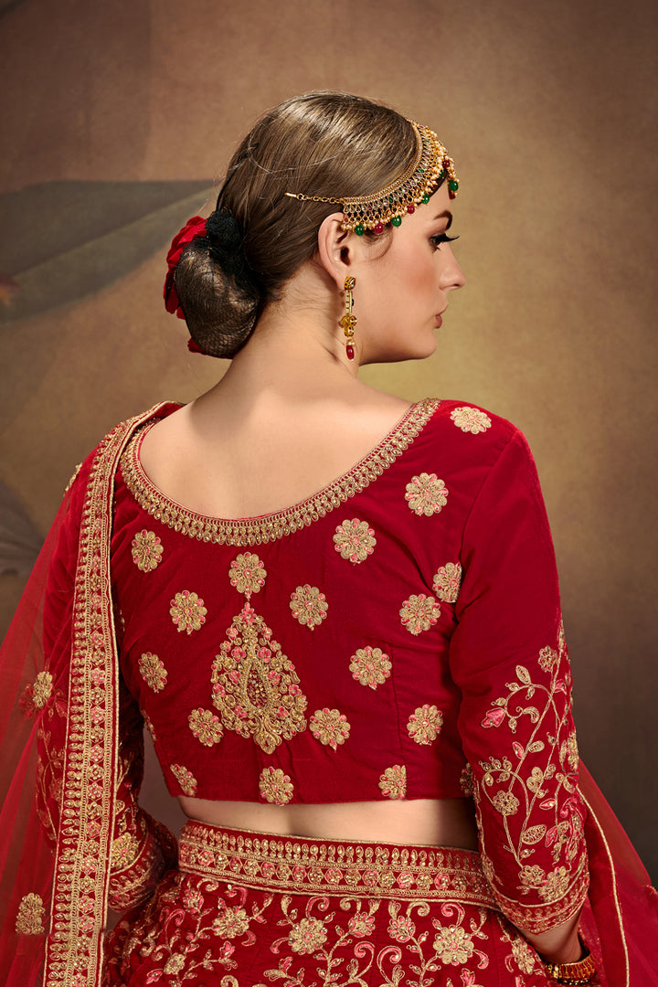 Red Velvet Bridal Lehenga Choli | Wedding Embroidered Lehenga for Women
