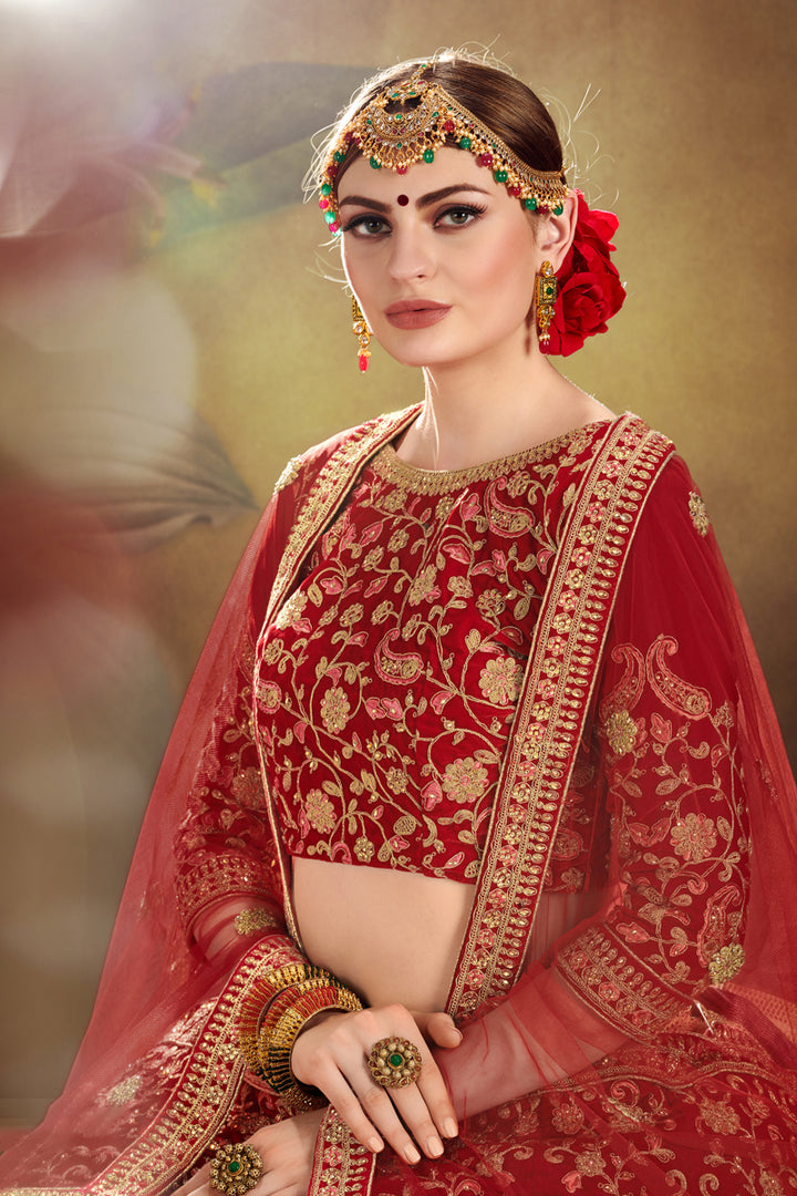 Red Velvet Bridal Lehenga Choli | Wedding Embroidered Lehenga for Women