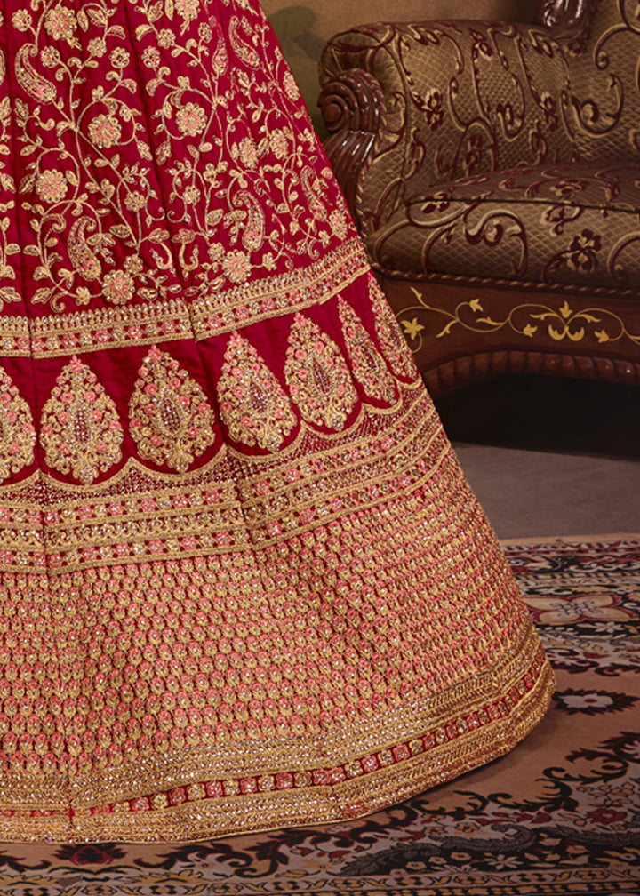 Red Velvet Bridal Lehenga Choli | Wedding Embroidered Lehenga for Women