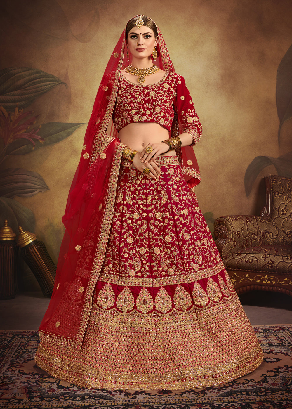 Red Velvet Bridal Lehenga Choli | Wedding Embroidered Lehenga for Women
