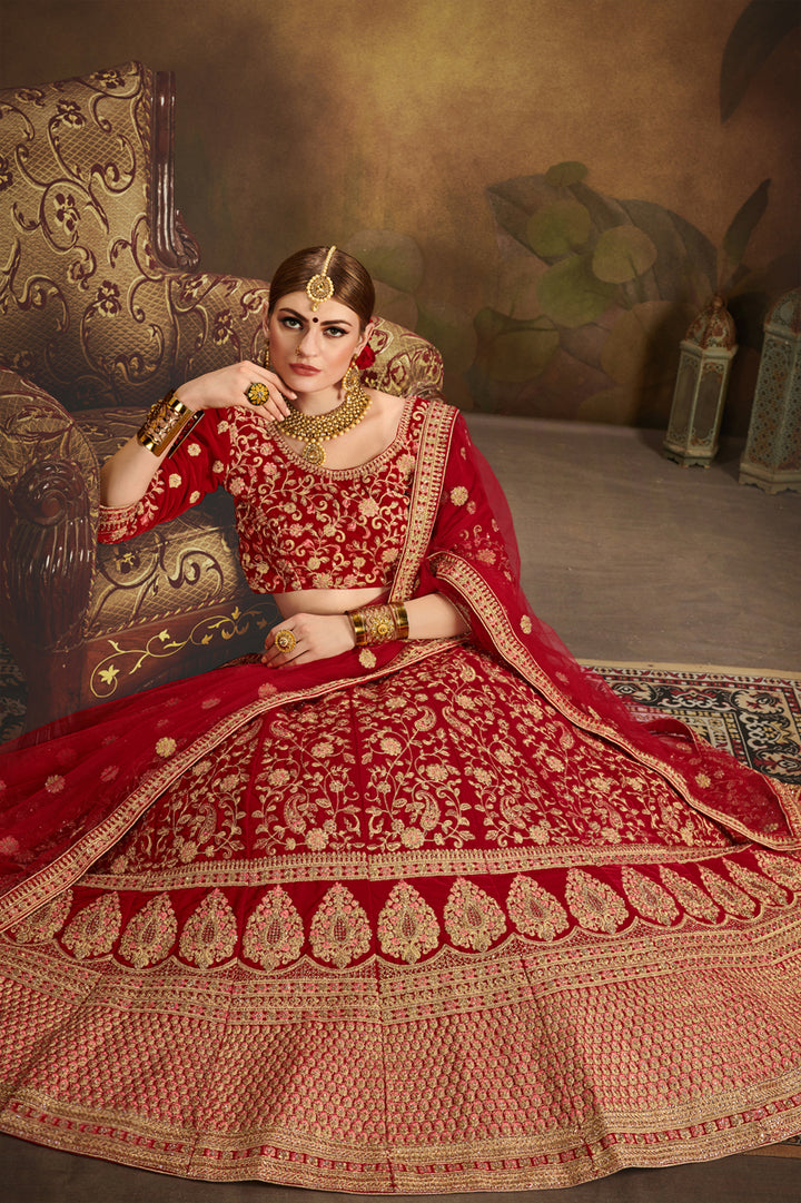 Red Velvet Bridal Lehenga Choli | Wedding Embroidered Lehenga for Women