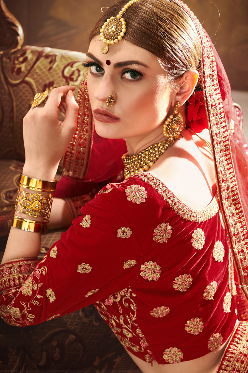 Red Velvet Bridal Lehenga Choli | Wedding Embroidered Lehenga for Women
