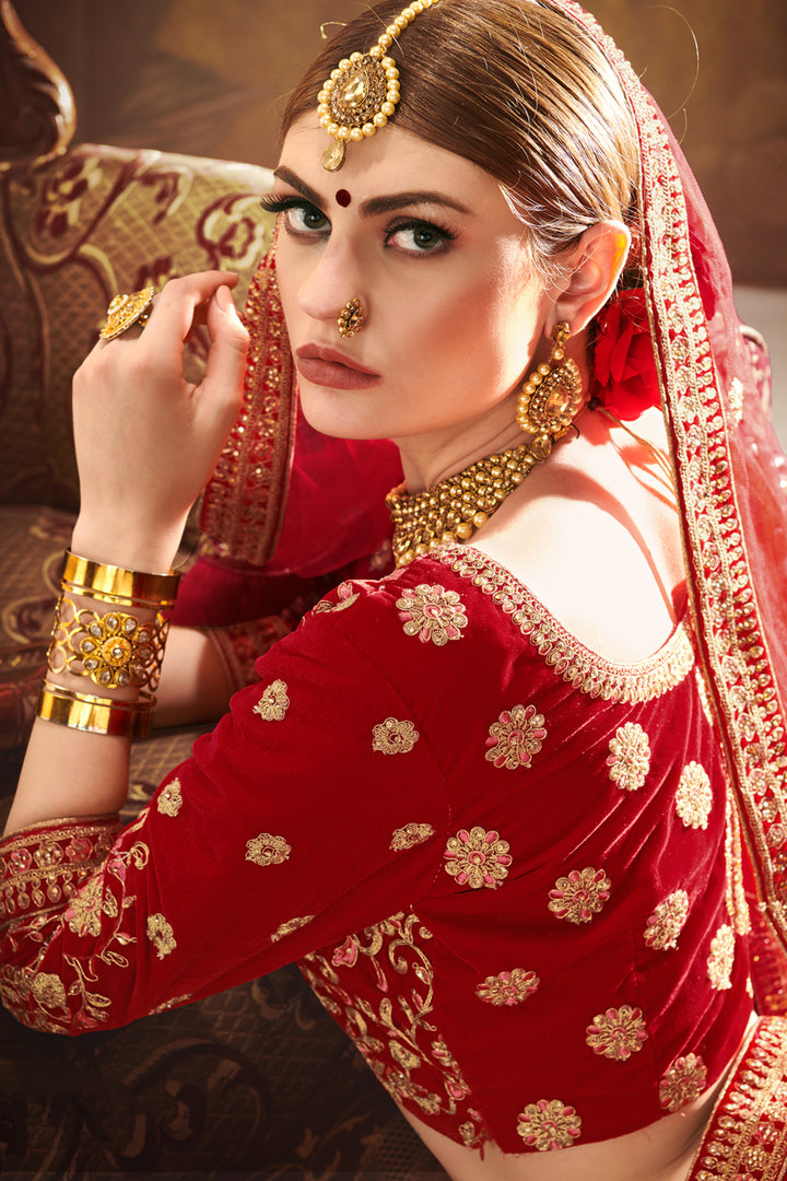Red Velvet Bridal Lehenga Choli | Wedding Embroidered Lehenga for Women