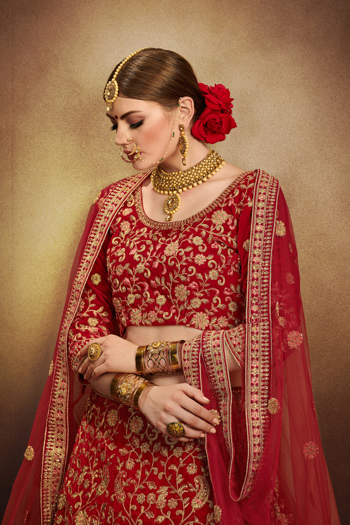 Red Velvet Bridal Lehenga Choli | Wedding Embroidered Lehenga for Women
