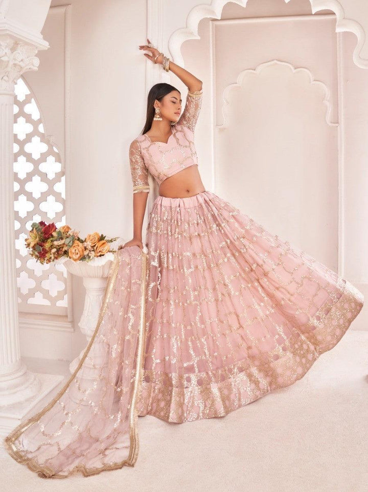 Awesome Light Pink Thread | Embroidered Butterfly Net Lehenga Choli Style Statement