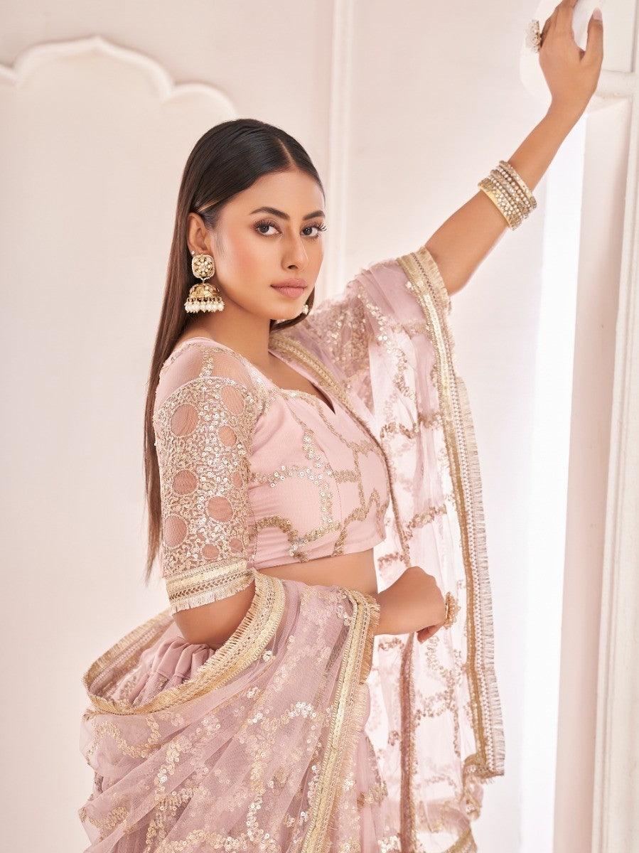 Awesome Light Pink Thread | Embroidered Butterfly Net Lehenga Choli Style Statement
