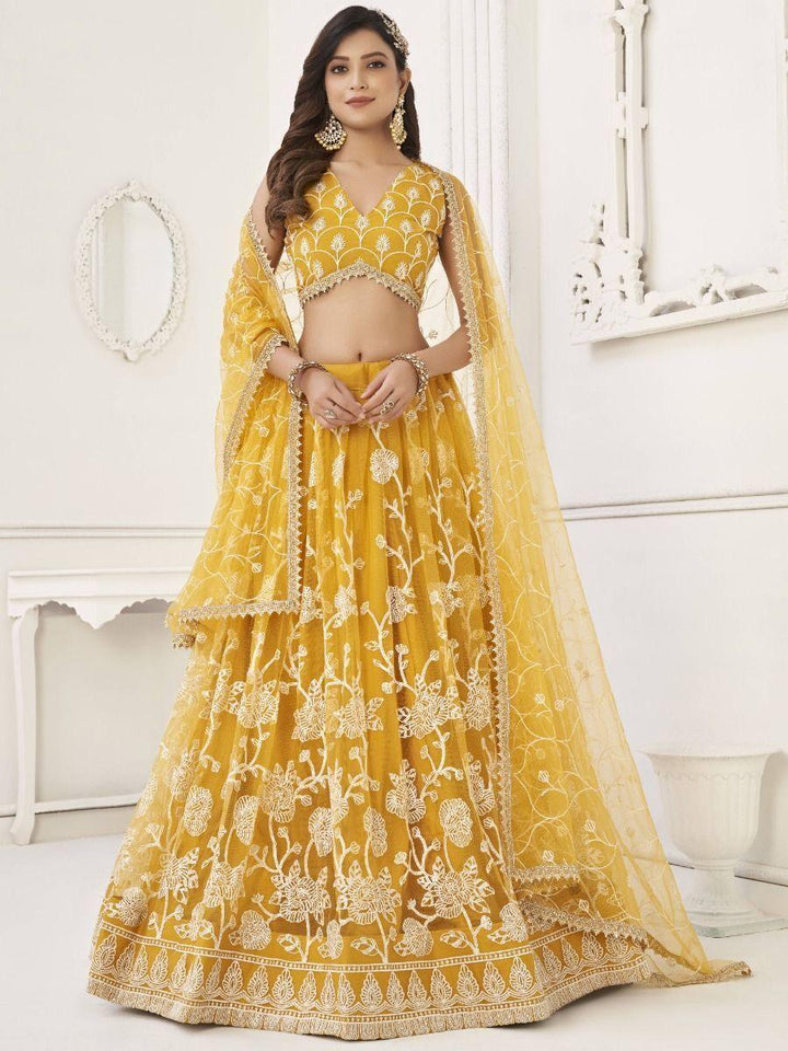 Fascinating Yellow Embroidered Net | Haldi Wear Lehenga Choli Edition