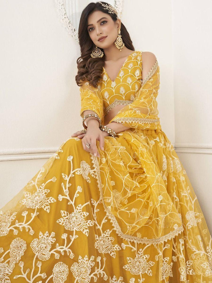 Fascinating Yellow Embroidered Net | Haldi Wear Lehenga Choli Edition
