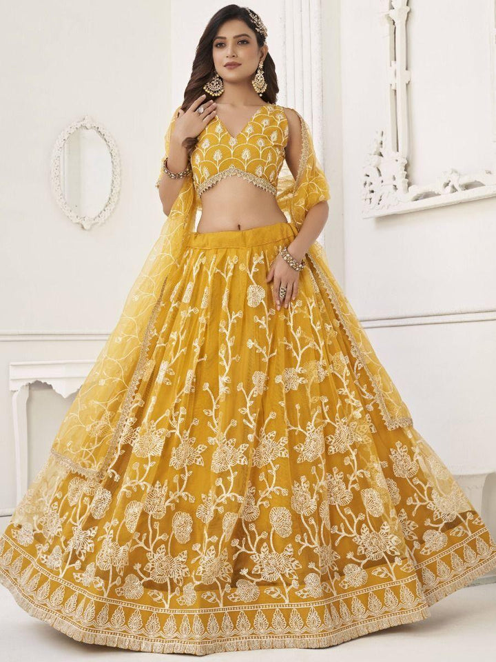 Fascinating Yellow Embroidered Net | Haldi Wear Lehenga Choli Edition