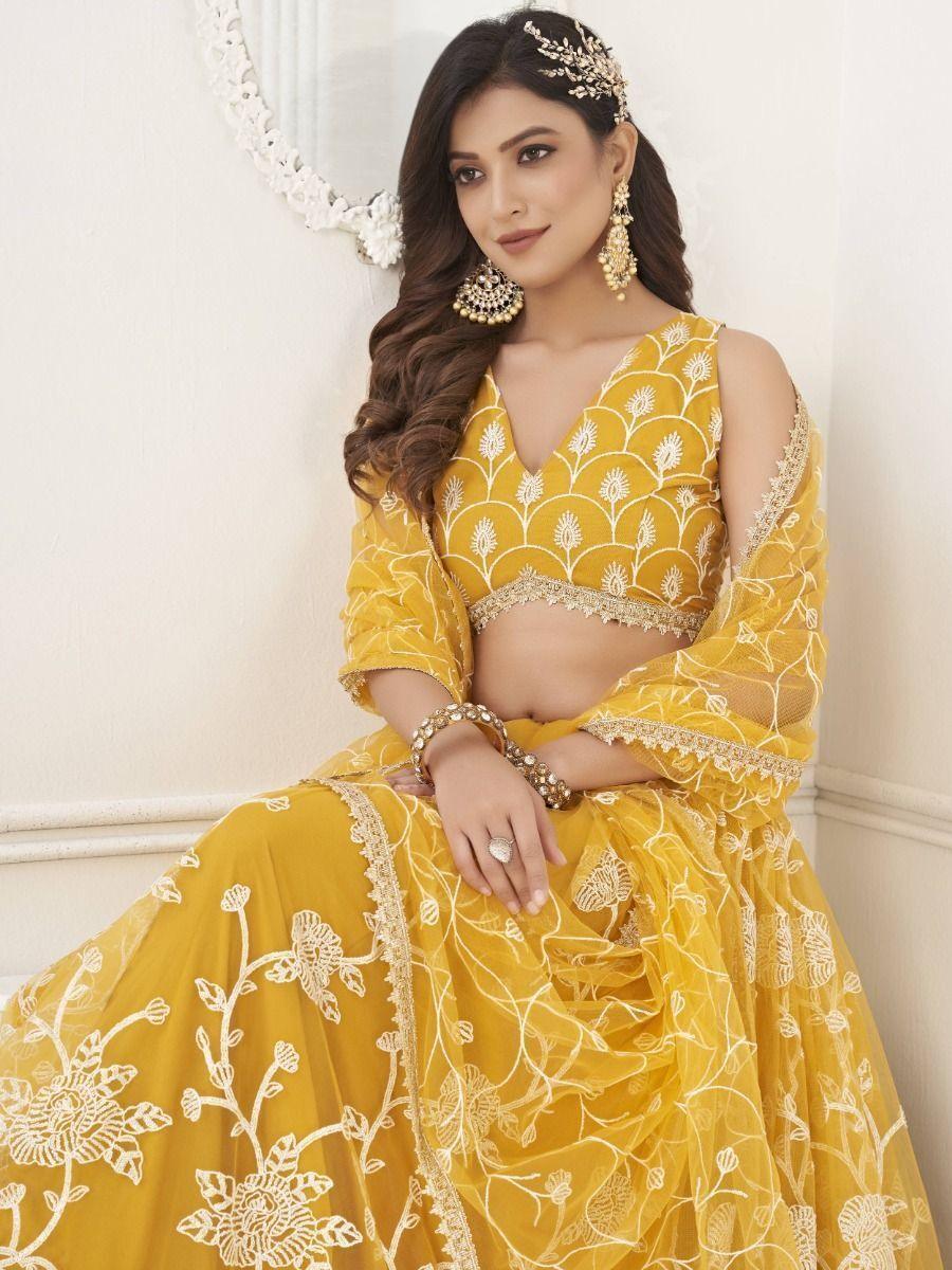 Fascinating Yellow Embroidered Net | Haldi Wear Lehenga Choli Edition