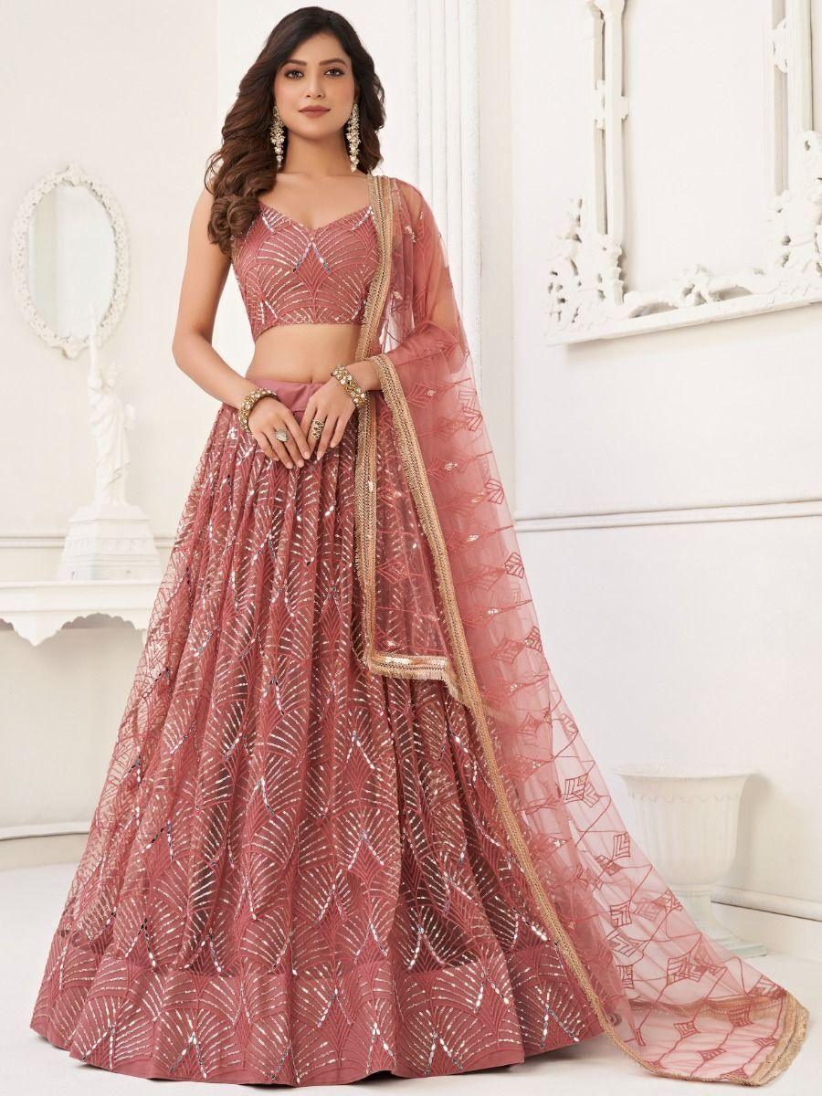 Mesmerizing Dusty Pink Thread Work | Net Reception Wear Lehenga Choli Exclusive