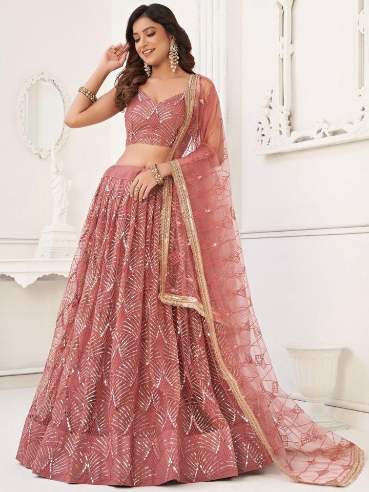 Mesmerizing Dusty Pink Thread Work | Net Reception Wear Lehenga Choli Exclusive