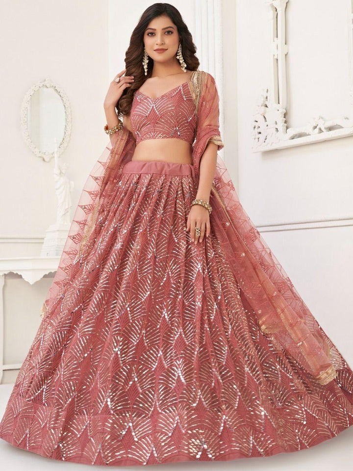 Mesmerizing Dusty Pink Thread Work | Net Reception Wear Lehenga Choli Exclusive
