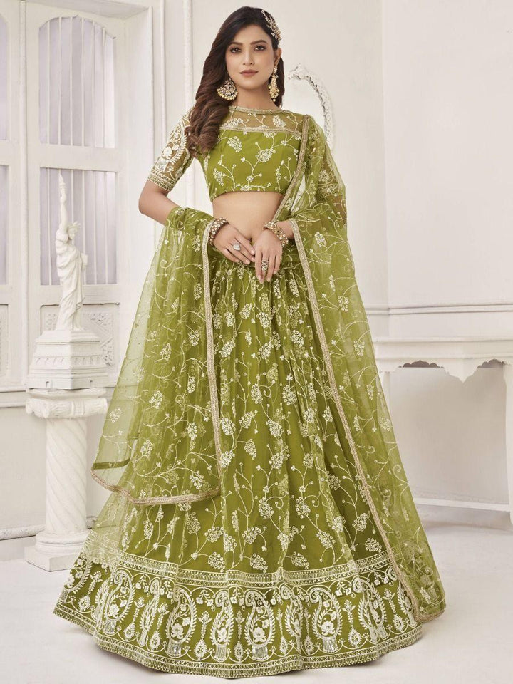 Charming Olive Green Embroidered | Net Mhendi Wear Lehenga Choli Collection