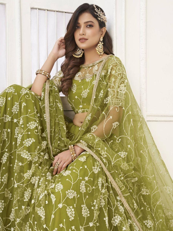 Charming Olive Green Embroidered | Net Mhendi Wear Lehenga Choli Collection