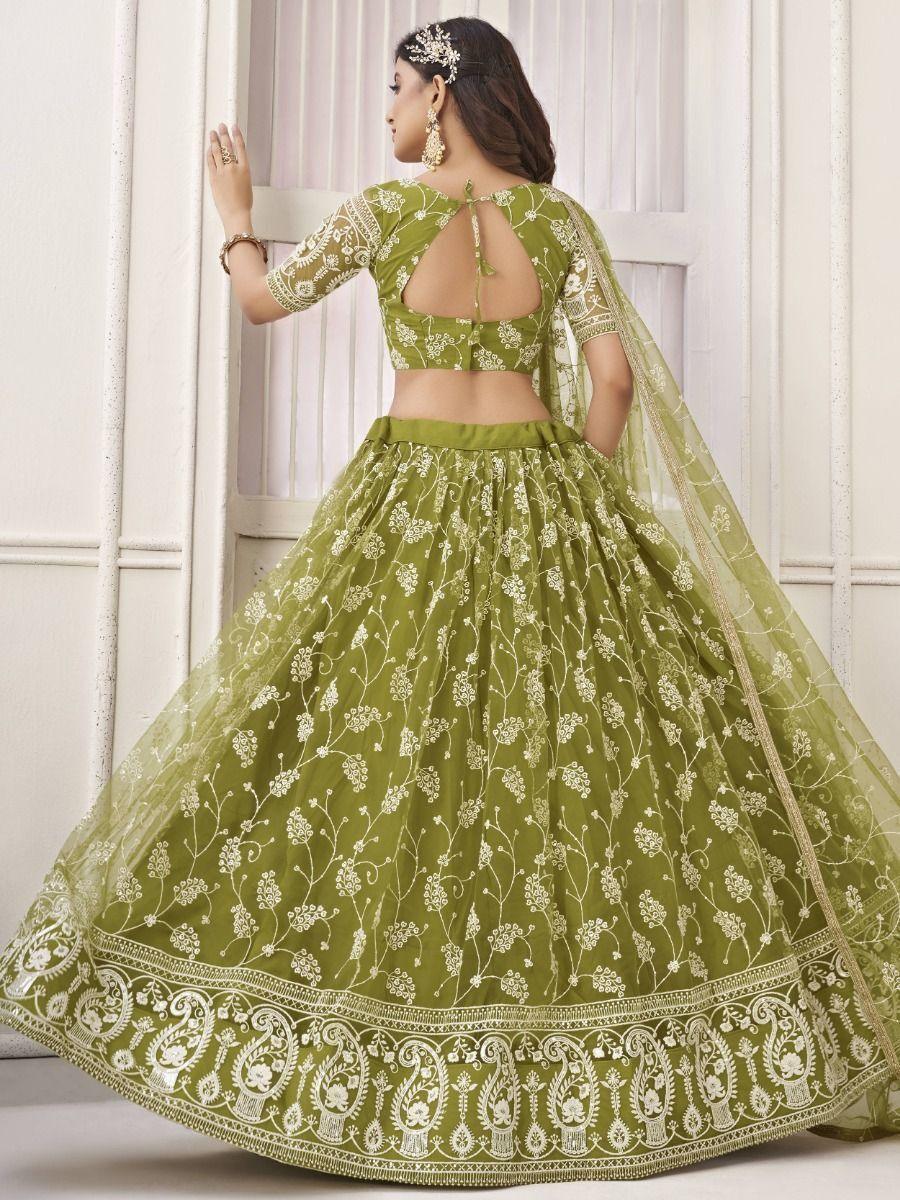 Charming Olive Green Embroidered | Net Mhendi Wear Lehenga Choli Collection