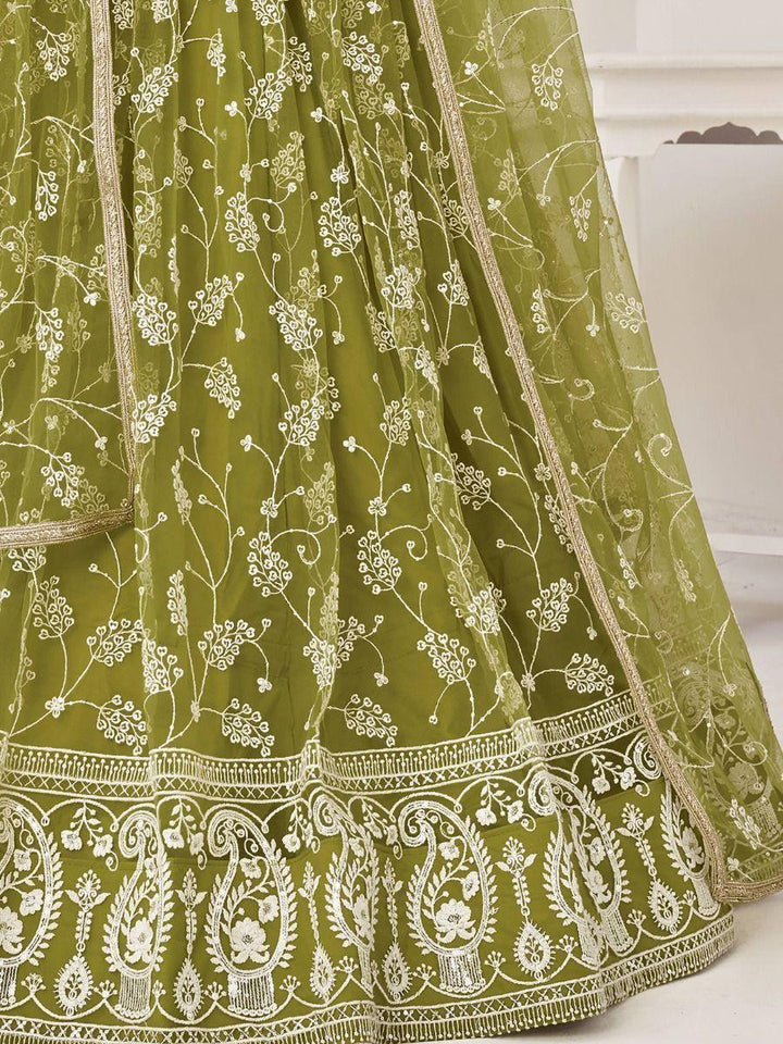 Charming Olive Green Embroidered | Net Mhendi Wear Lehenga Choli Collection