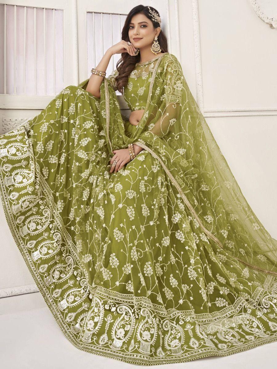 Charming Olive Green Embroidered | Net Mhendi Wear Lehenga Choli Collection